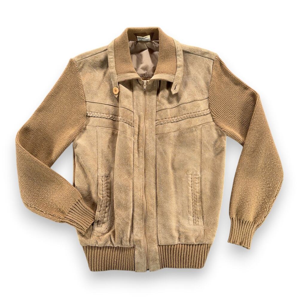 Vintage Leather Jacket Adult SMALL Brown Cowhide Suede Acrylic Knit Braided 80s